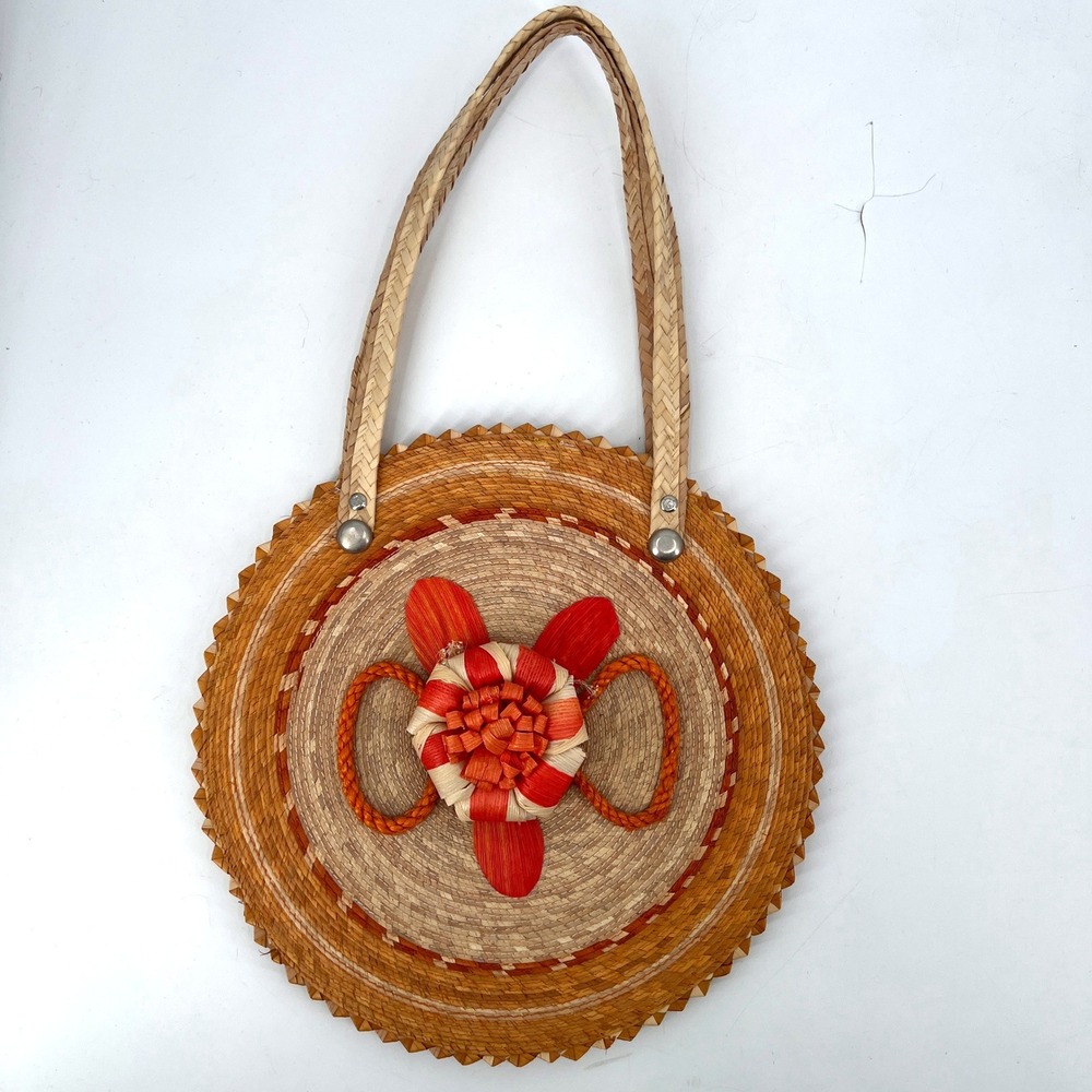 Round Iraca Palm Woven Bag 3D Floral Double Handle Tote